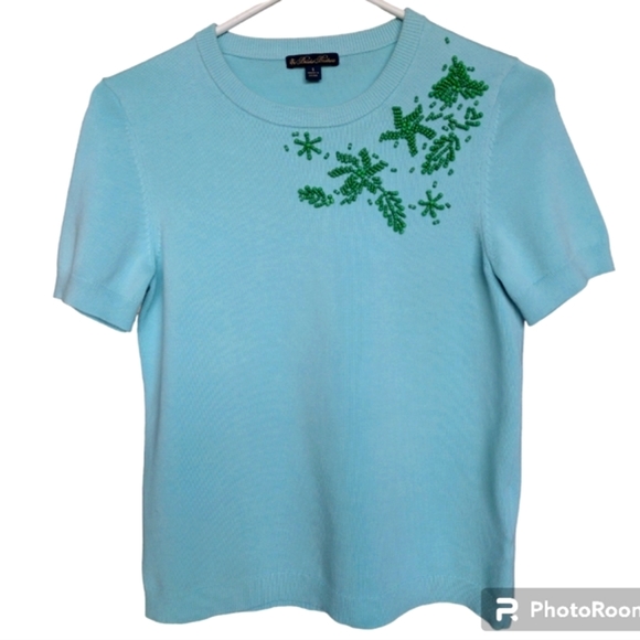 Brooks Brothers Short Sleeve Blue Green Aqua Beaded Knit Crew Neck Sweat… - Picture 5 of 15